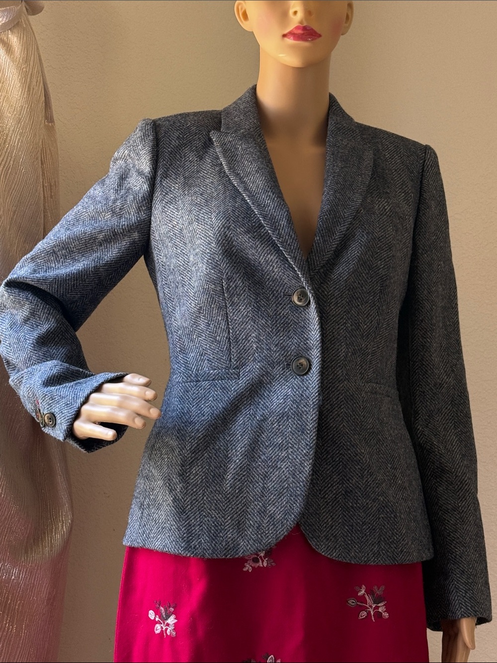 Boden British Tweed by Moon Gray Herringbone Tailored Wool Blazer